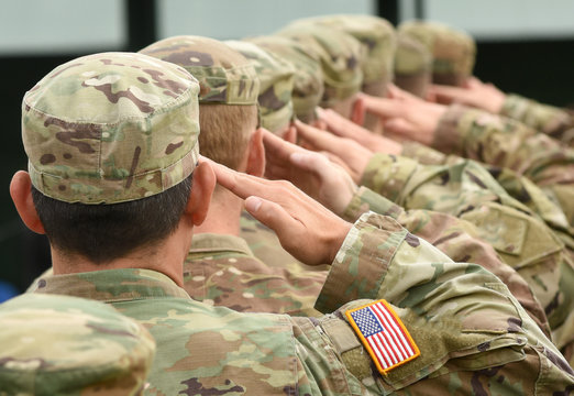 U.S. service members standing in formation, one rendering a salute